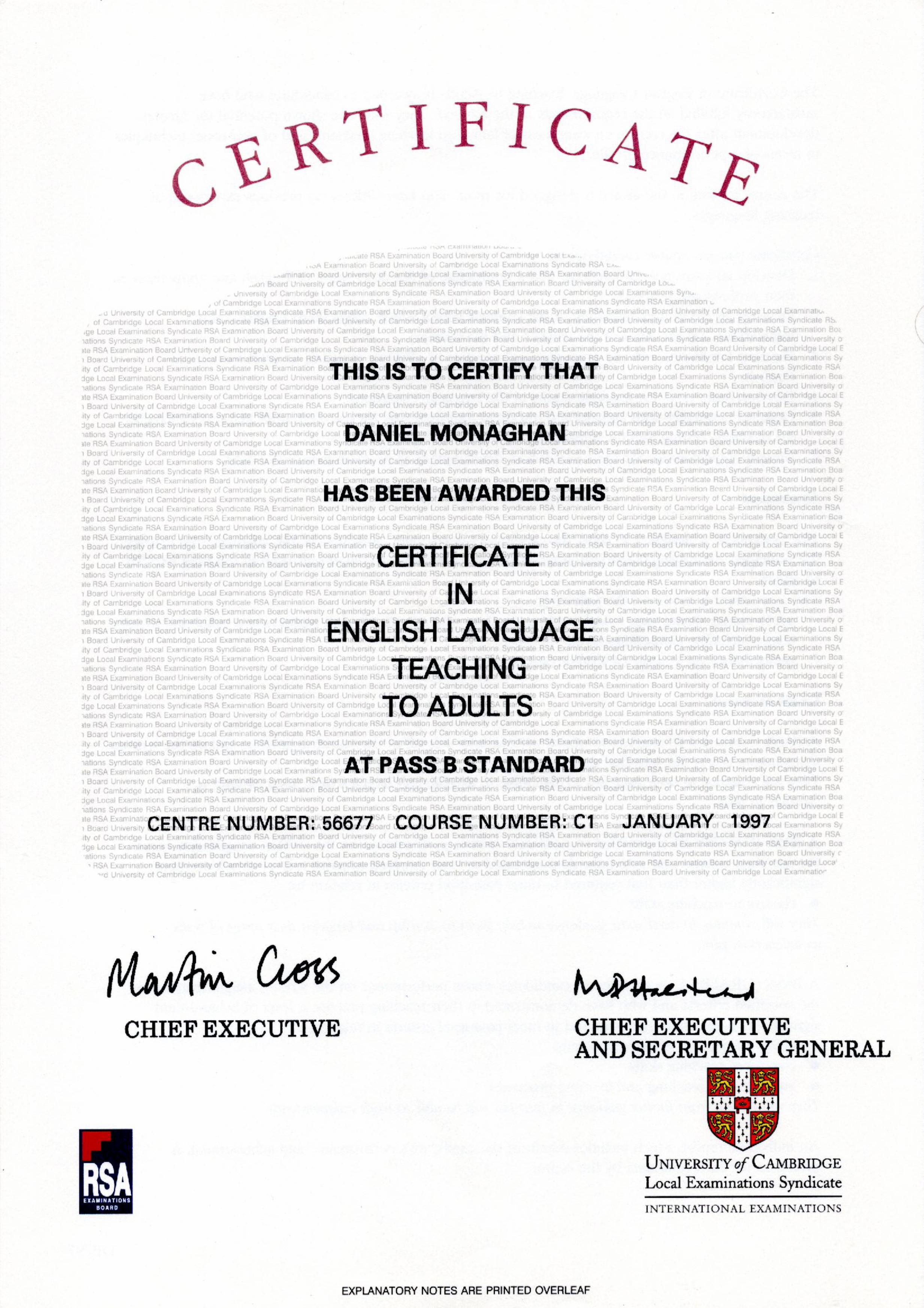 Daniel's teaching certificate