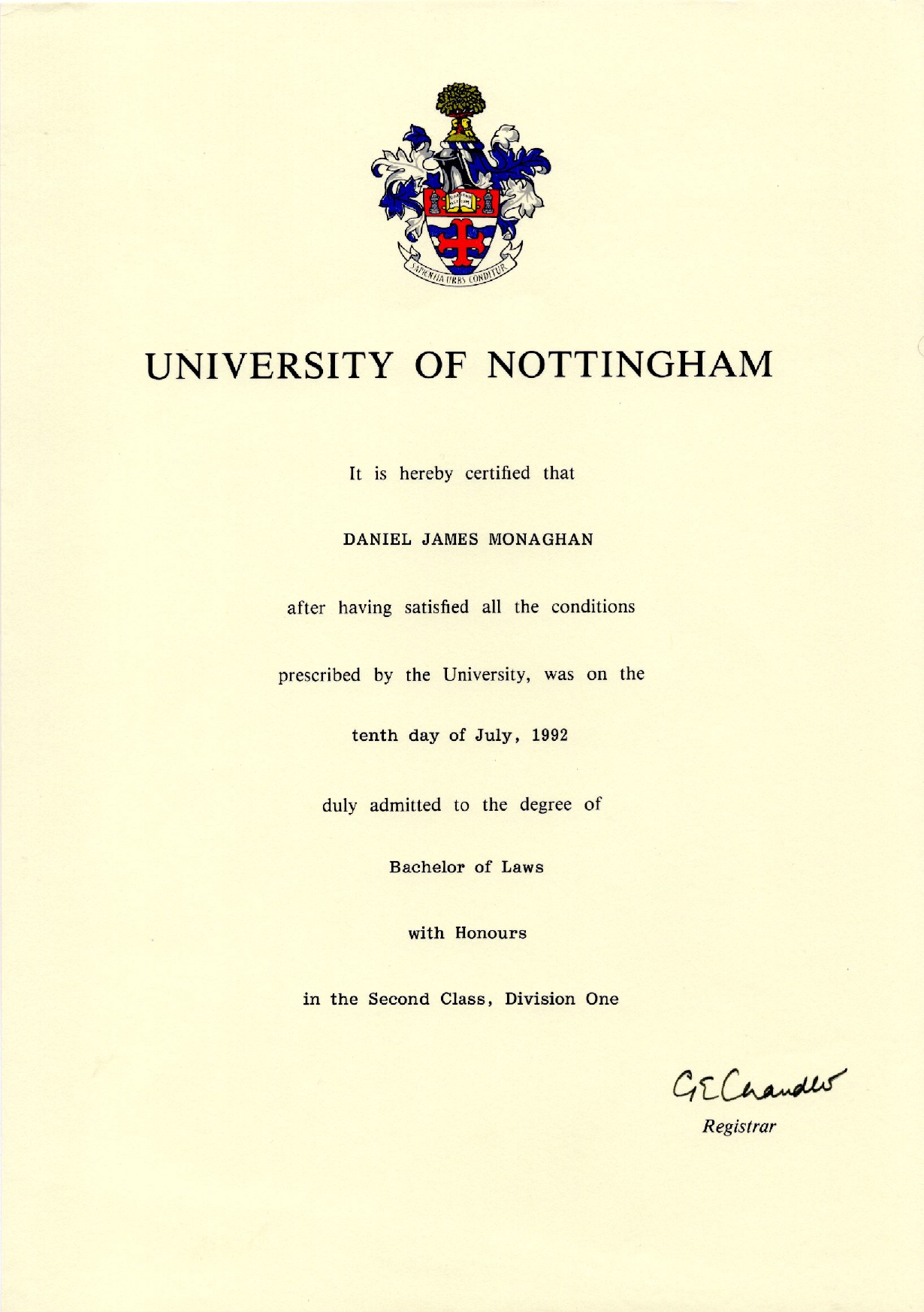 Daniel's degree certificate