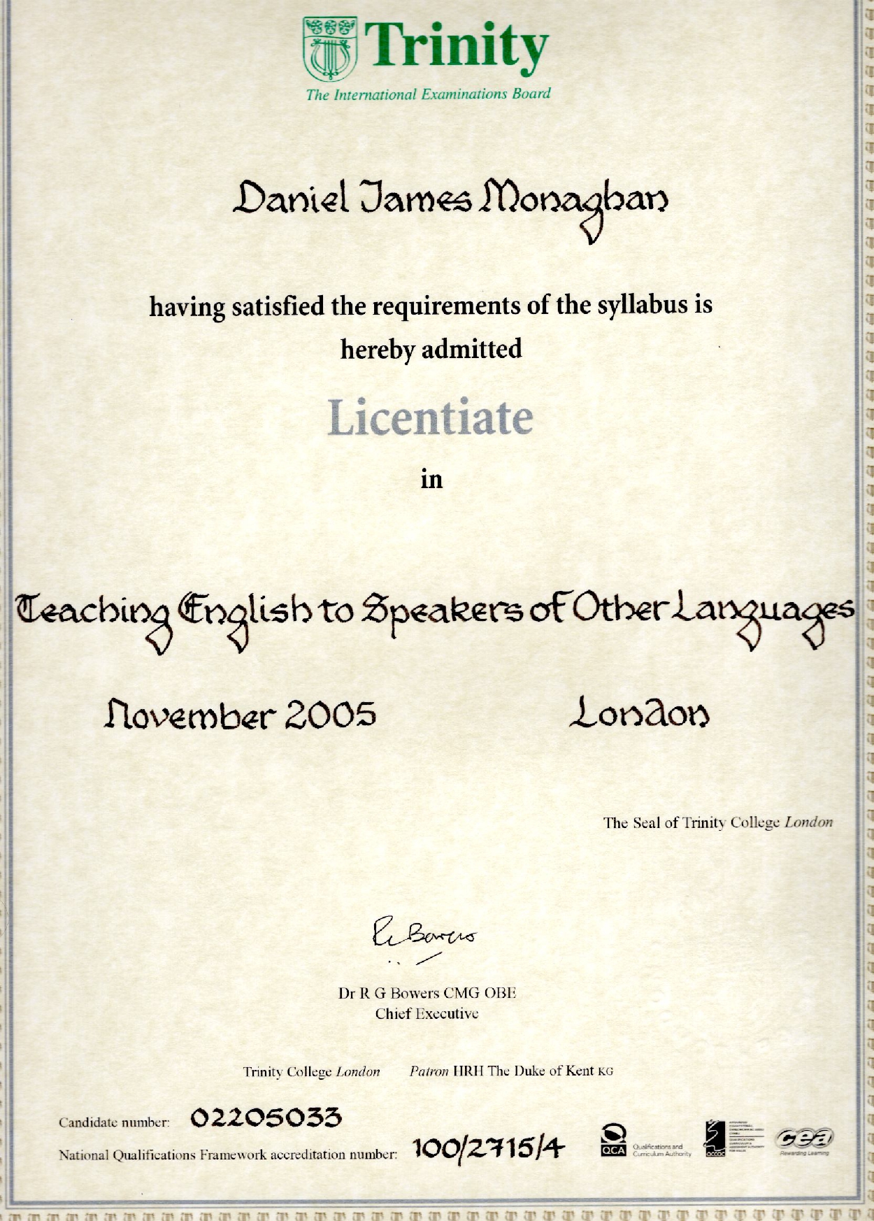 Daniel's teaching diploma